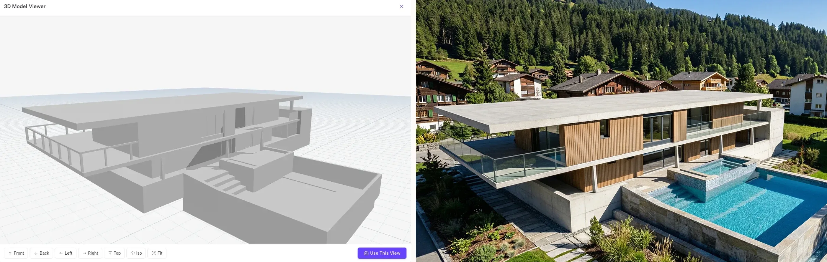 Left, a grey 3D model of a terraced house in a 3D model viewer; right, a photorealistic render of the same house with a pool in a mountain village