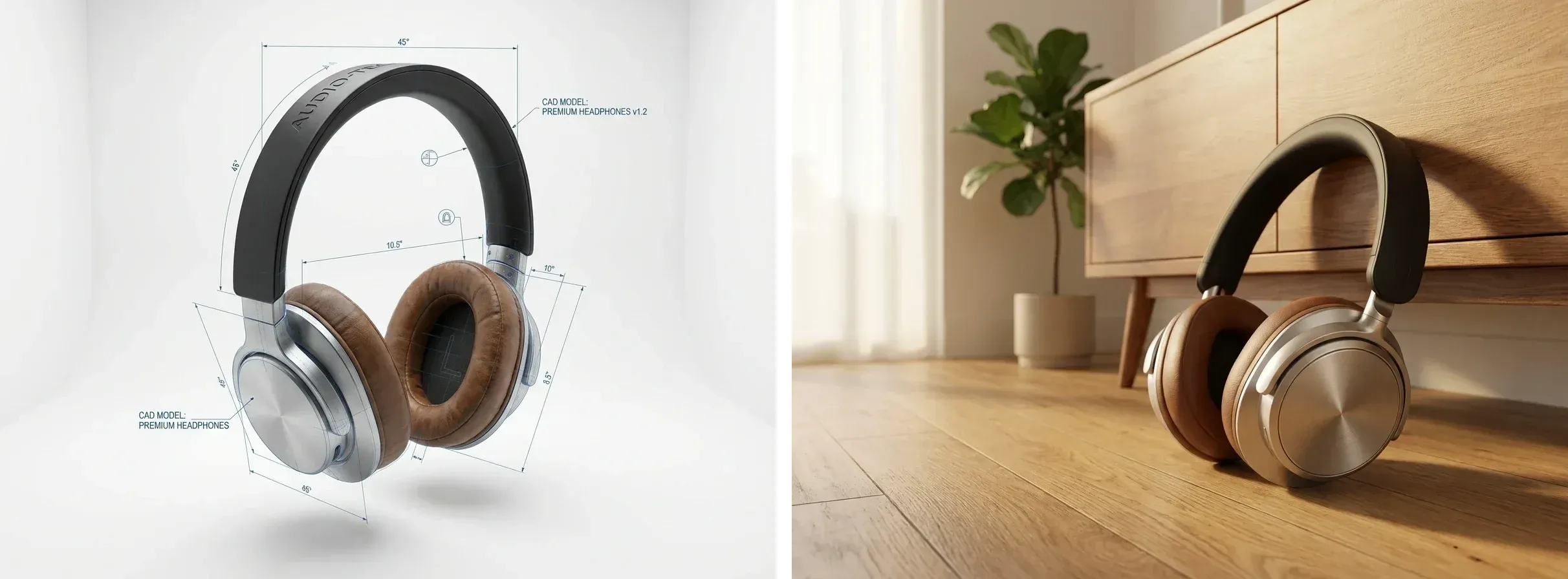 Over-ear headphones as a model view with dimension lines, next to the same headphones rendered on an oak floor in a living room
