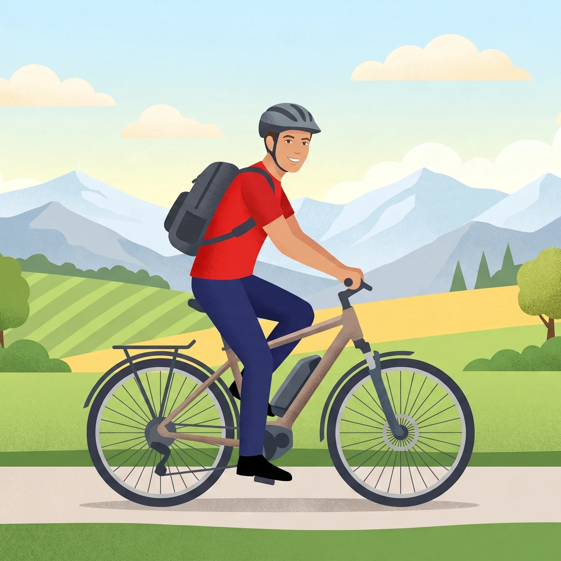 Illustration of a man in a red shirt and helmet riding an e-bike past fields and mountains, with film grain