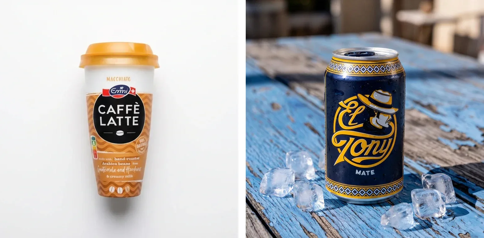 Left, a caffè latte cup alone on a light backdrop; right, a mate can with ice cubes on a weathered blue wooden table