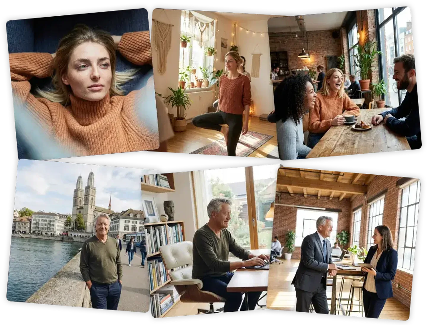 The same two people in different settings: a woman in an orange sweater at home and in a café, a grey-haired man by a river, at a desk and in a meeting.