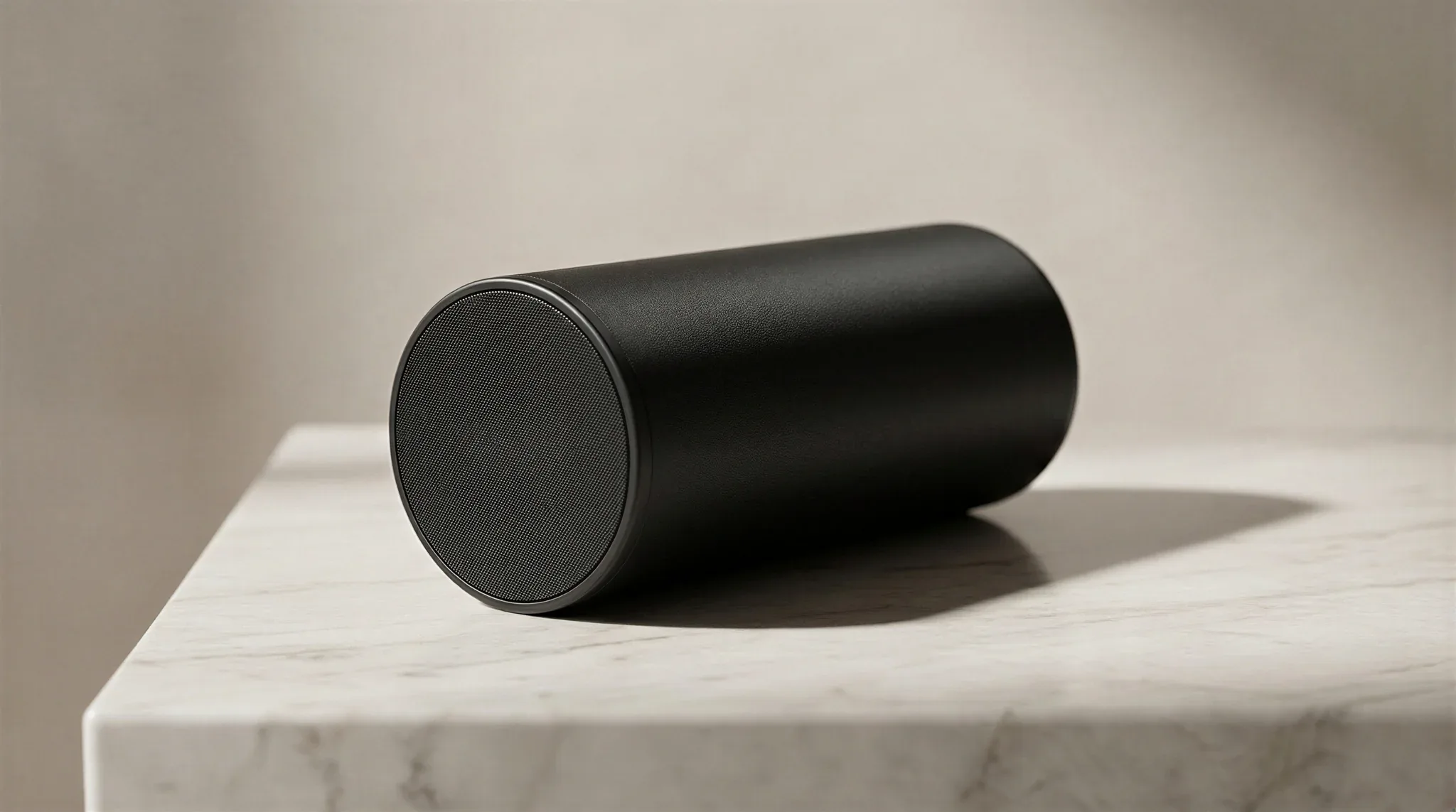 AI product render of a black cylindrical speaker lying on a white marble plinth in soft daylight