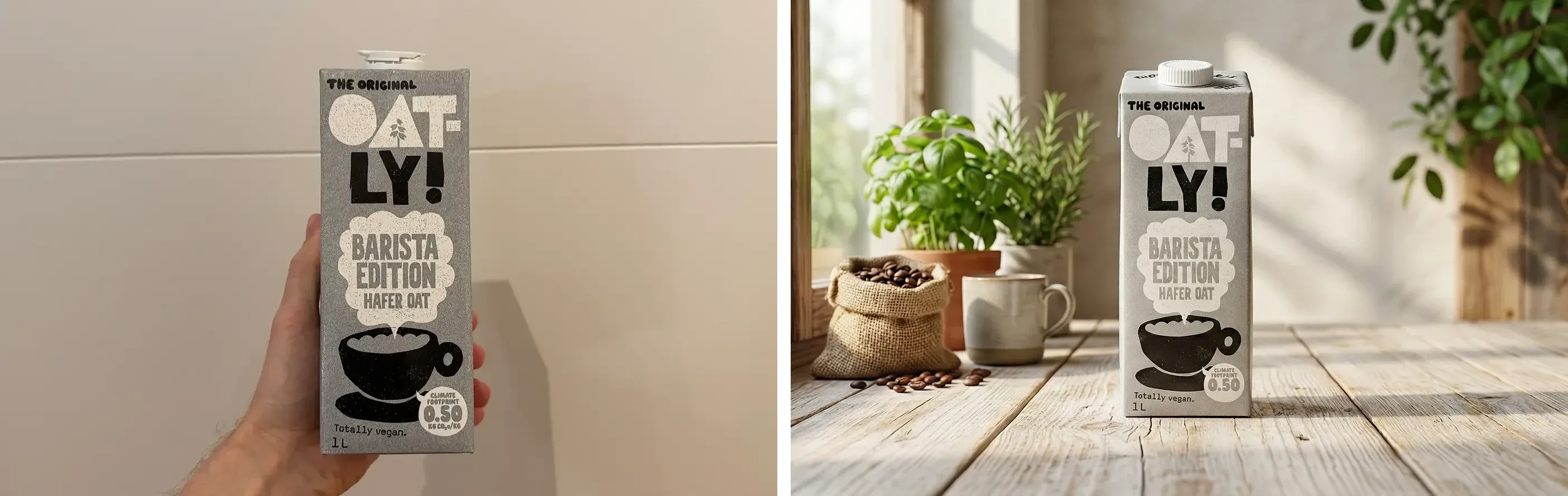A hand holding an oat drink carton in front of a tiled wall, next to the same carton on a sunlit wooden table with herbs and a mug