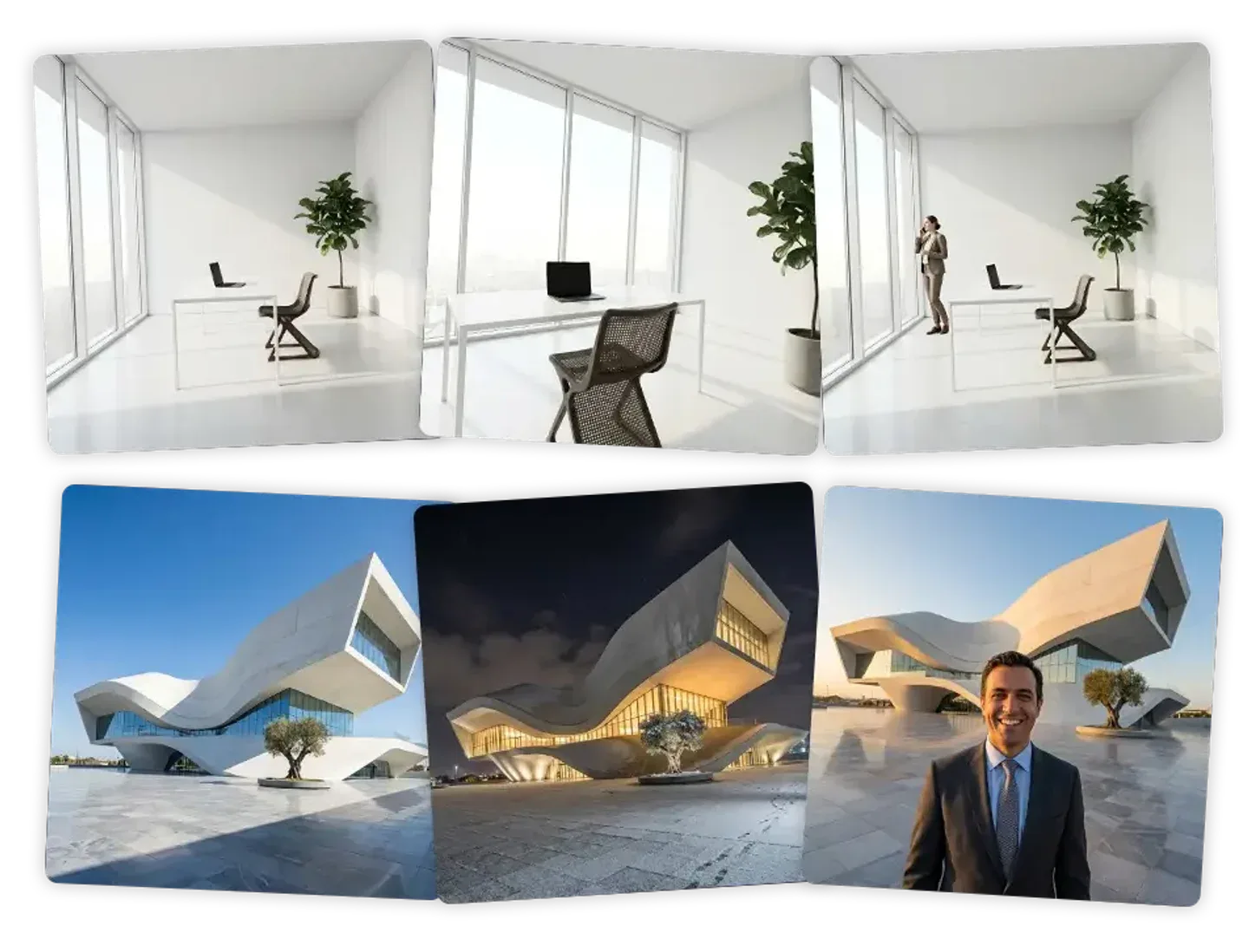 The same bright white office and the same curved concrete building, each shown from several angles and at different times of day.