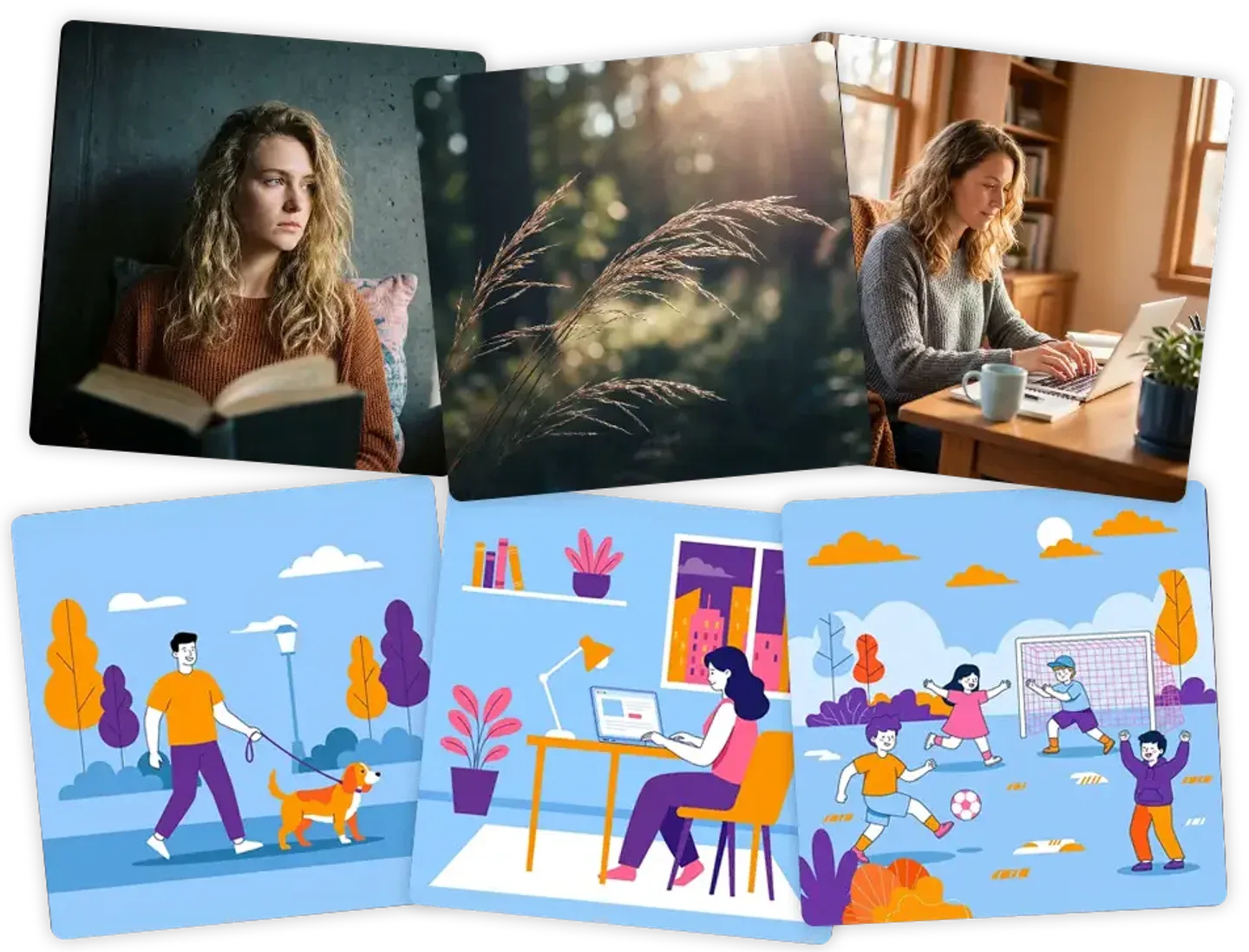 Six images in two looks: three warm natural-light photos of a woman reading and working, three flat illustrations in blue, orange and purple.
