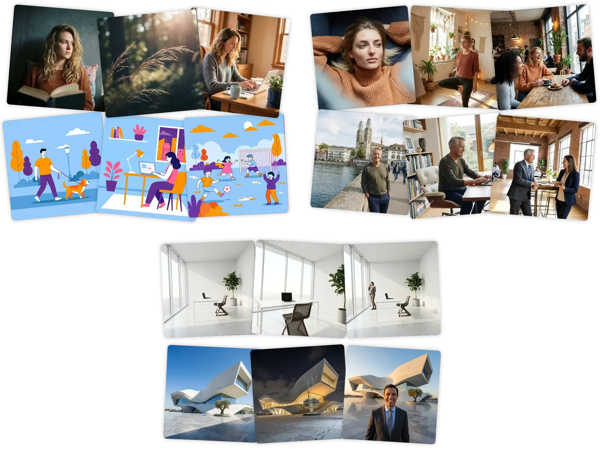 Six images in two styles, two people each shown in three settings, and one office and one building shown in several variants