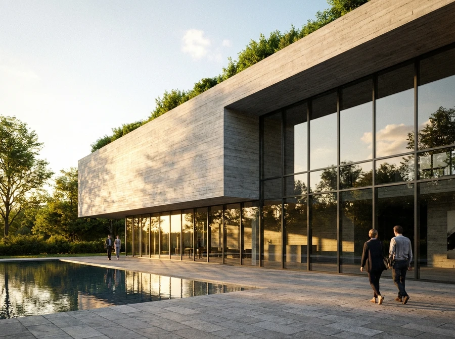 samsa-ai-3d-visualization-concrete-villa-green-roof-pool-sunset