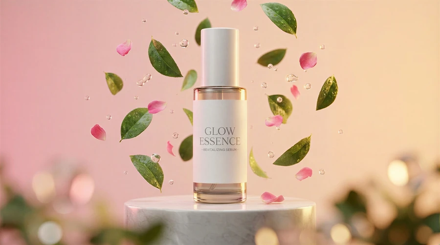 samsa-ai-3d-visualization-cosmetic-serum-bottle-floating-petals
