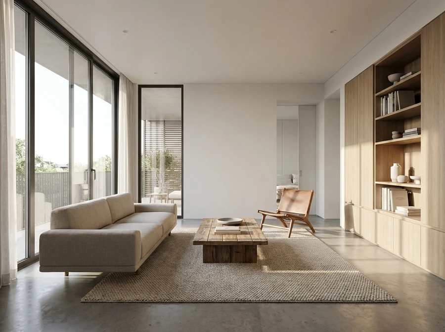 samsa-ai-3d-visualization-minimalist-interior-oak-bookshelf-concrete-floor